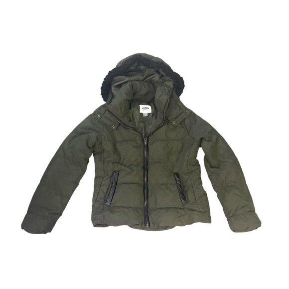 Old Navy Women’s Puffer Jacket Small Green Hooded Faux Fur Trim Winter Coat - Picture 1 of 10